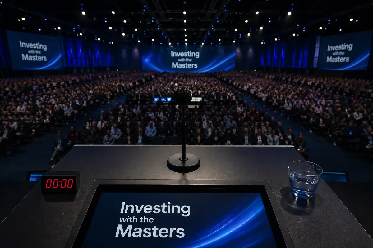 A packed auditorium stage for the Investing with the Masters programme